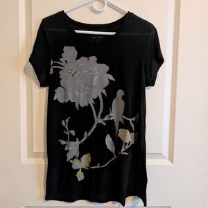 Sheer Black RACHEL T-Shirt with Floral and Bird Design